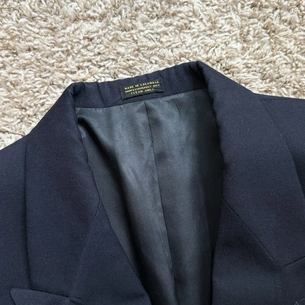 Vintage Oscar de la Renta Double Breasted 42R Navy Blue Wool Gold Button Blazer